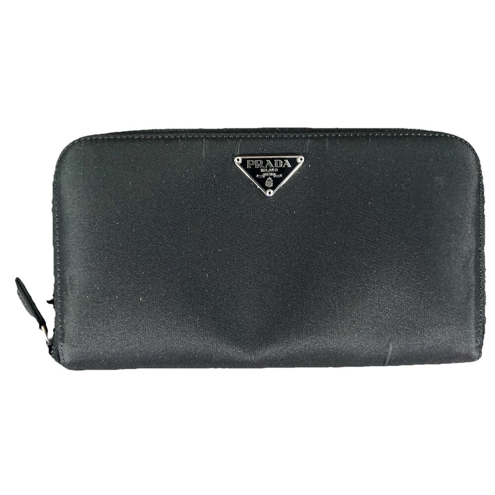 PRADA Logo Plate Nylon Zip Around Long Wallet Black/6BF1087